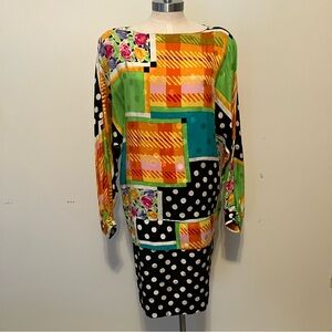 VTG Women’s Carol Mignon Silk Dress Sz.16 8Os Patchwork Floral Dots Knee Length